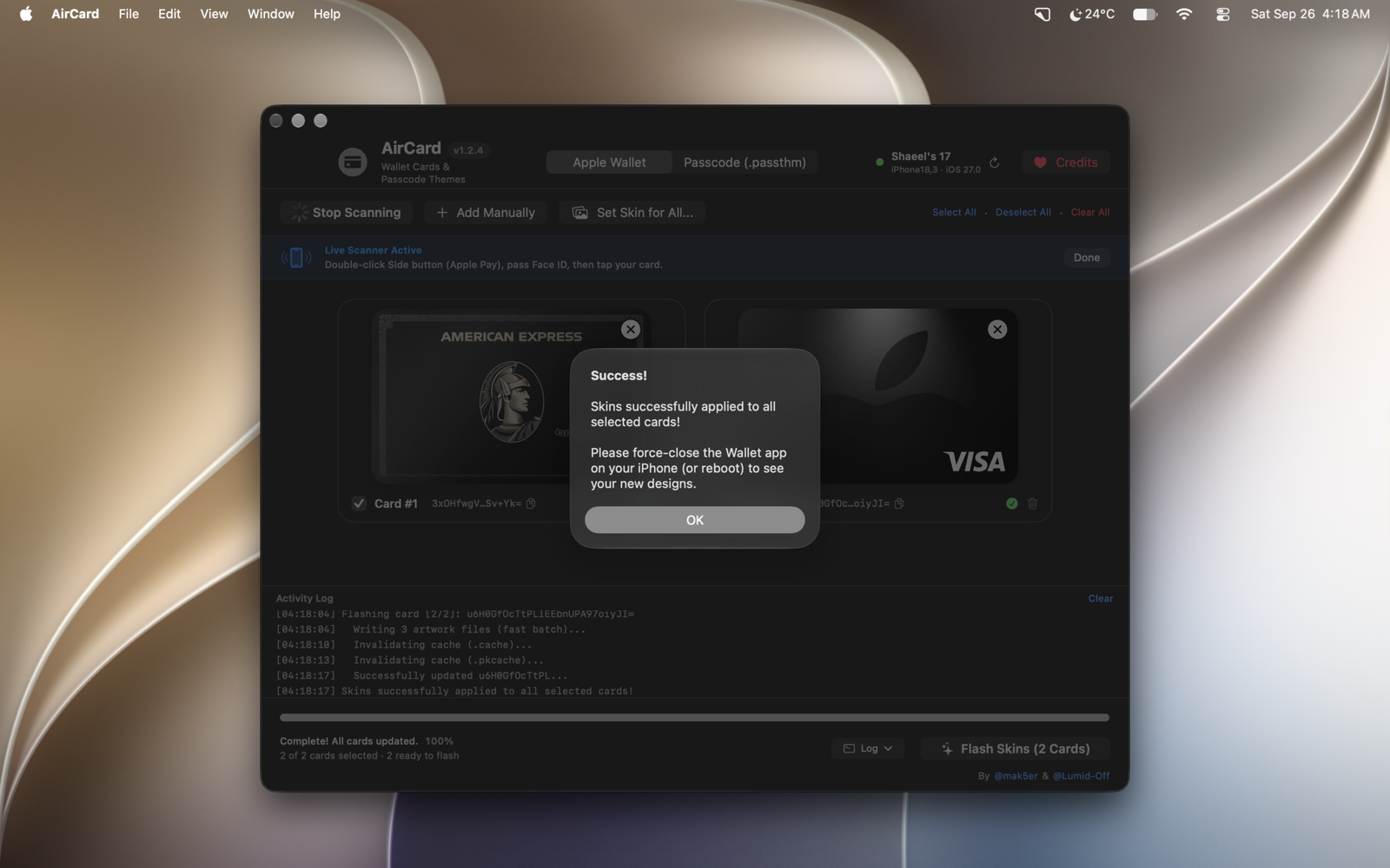 AirCard Mac app with a Wallet card customization or skin applied successfully