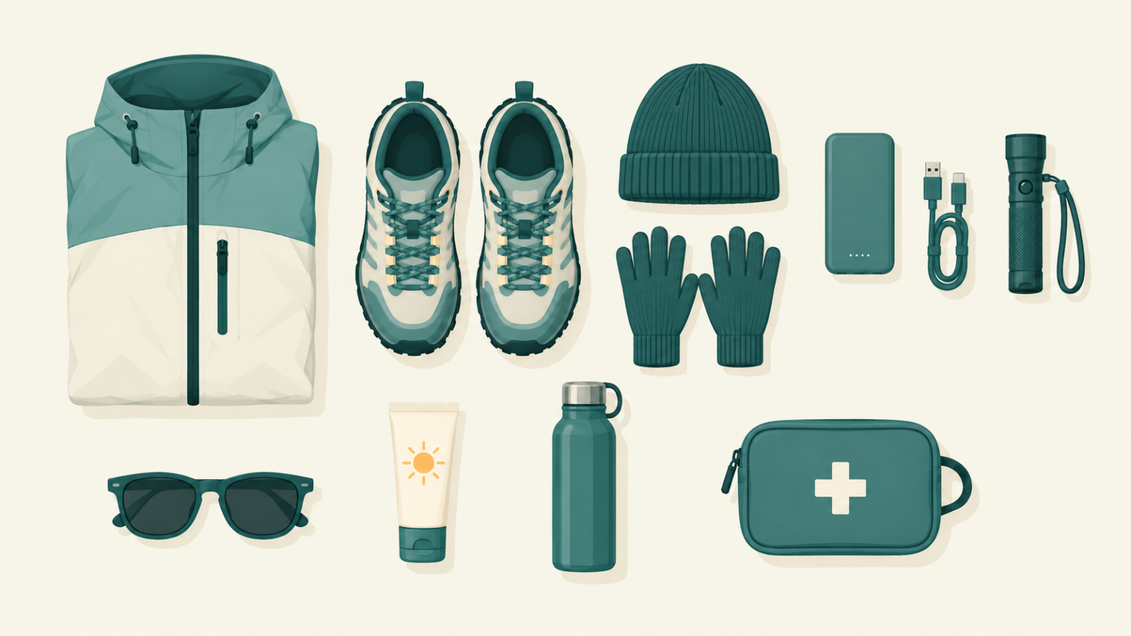 Illustration of a jacket, shoes, cap, gloves, power bank and other items packed for a trip north