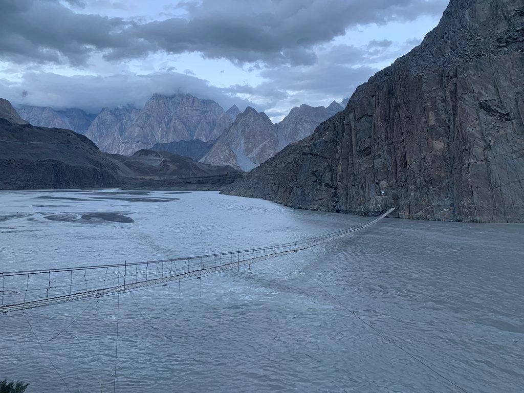hussaini bridge after sunset hunza